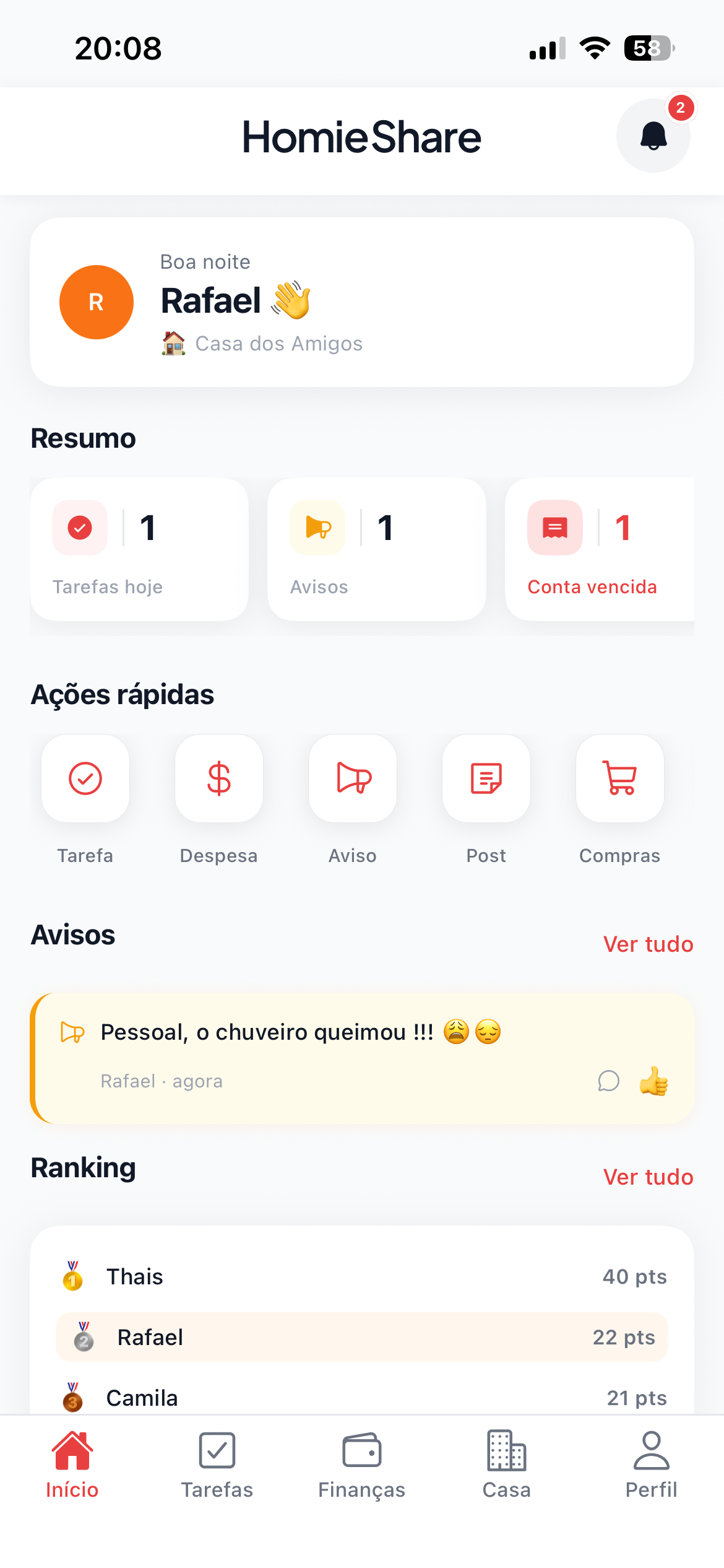 Tela inicial real do HomieShare com resumo, avisos e ranking da casa