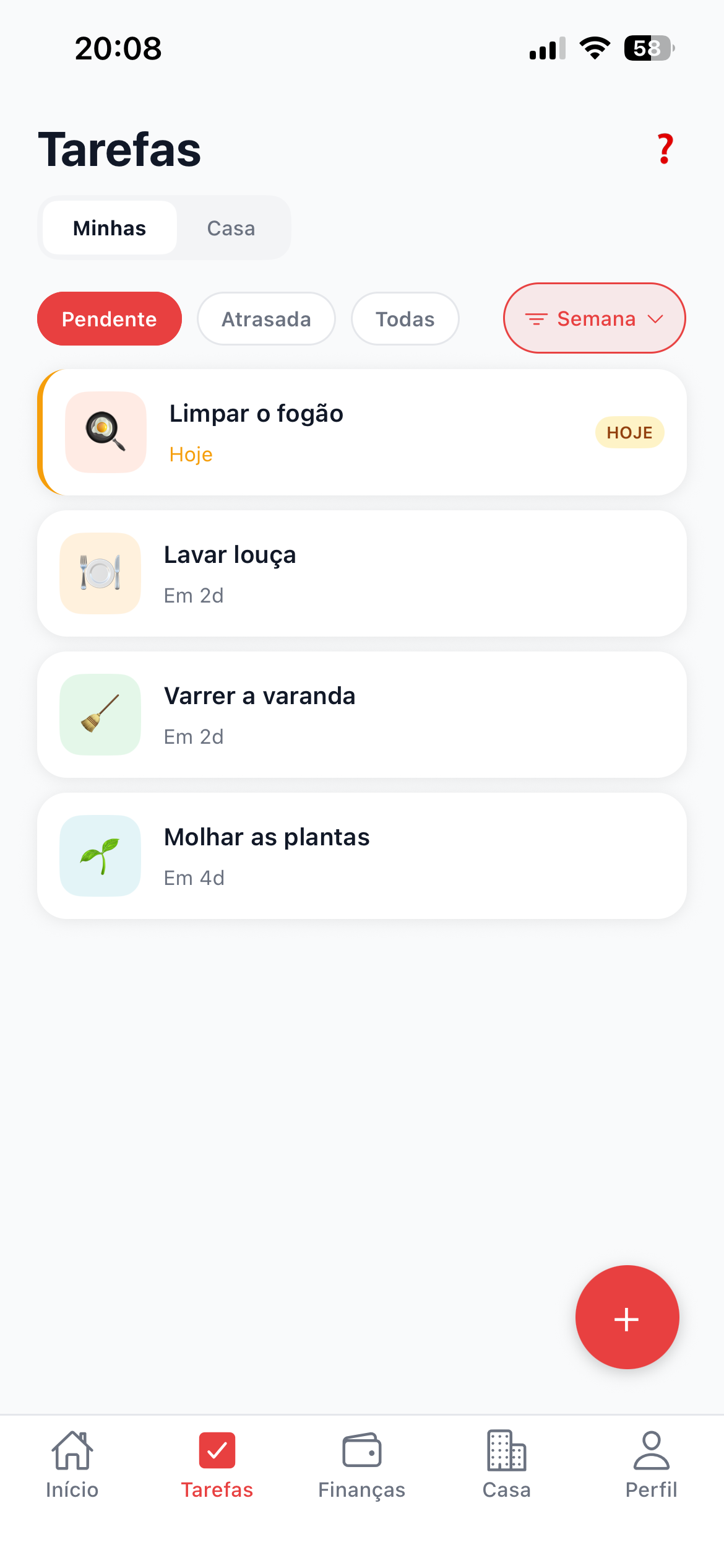 Tela real de tarefas do HomieShare